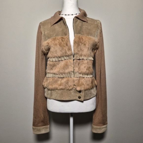 Bebe Vintage Leather Suede & Fur Y2K Collared Knit Bomber Downtown Fall Jacket L - Picture 2 of 9